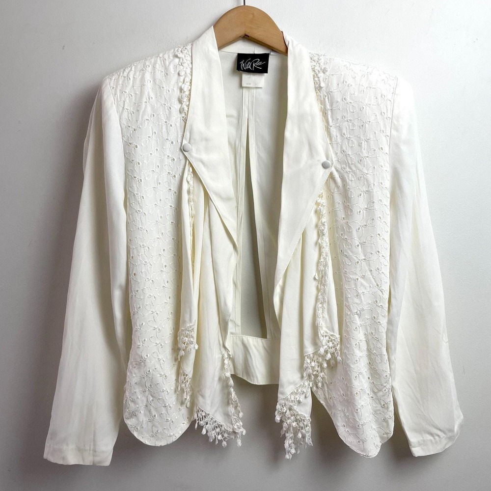 Vintage 80s 90s Open‎ Front Jacket Sz 6 Eyelet Lace Statement Retro Romantic